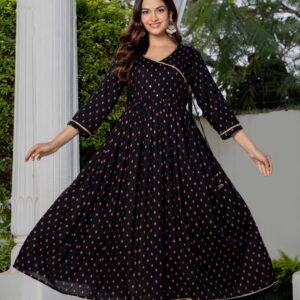 Black Printed Angrakha Style Kurta-Elegant V-Neck Flared Ethnic Wear