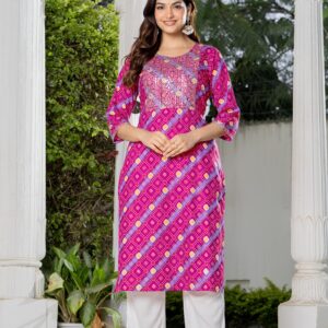 Pink Bandhani Printed Straight Kurti with Embroidered Neckline - Traditional Ethnic Wear